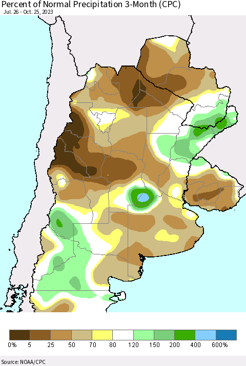 Southern South America Percent of Normal Precipitation 3-Month (CPC) Thematic Map For 7/26/2023 - 10/25/2023
