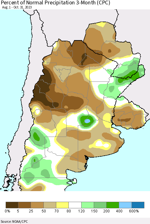 Southern South America Percent of Normal Precipitation 3-Month (CPC) Thematic Map For 8/1/2023 - 10/31/2023