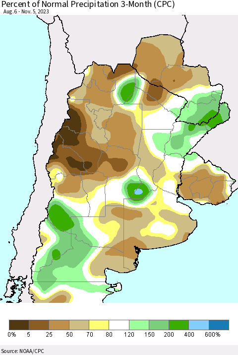 Southern South America Percent of Normal Precipitation 3-Month (CPC) Thematic Map For 8/6/2023 - 11/5/2023