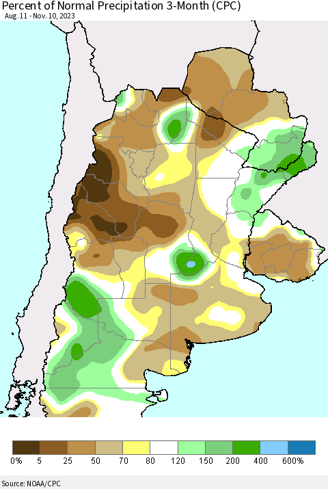 Southern South America Percent of Normal Precipitation 3-Month (CPC) Thematic Map For 8/11/2023 - 11/10/2023
