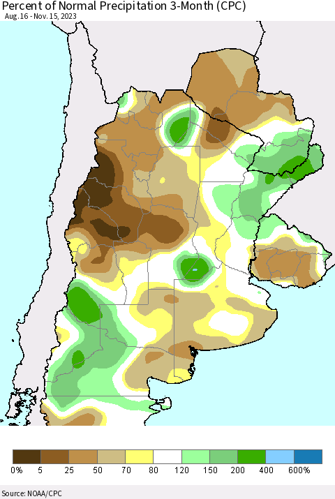 Southern South America Percent of Normal Precipitation 3-Month (CPC) Thematic Map For 8/16/2023 - 11/15/2023