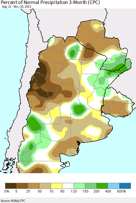 Southern South America Percent of Normal Precipitation 3-Month (CPC) Thematic Map For 8/21/2023 - 11/20/2023