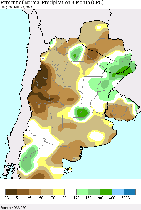 Southern South America Percent of Normal Precipitation 3-Month (CPC) Thematic Map For 8/26/2023 - 11/25/2023