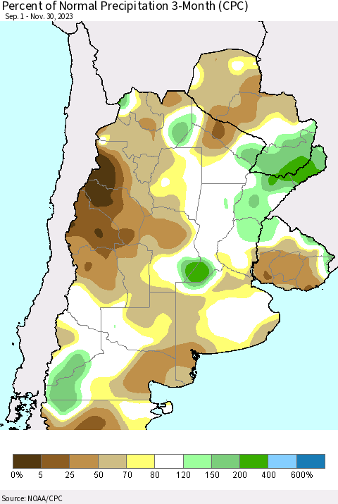 Southern South America Percent of Normal Precipitation 3-Month (CPC) Thematic Map For 9/1/2023 - 11/30/2023