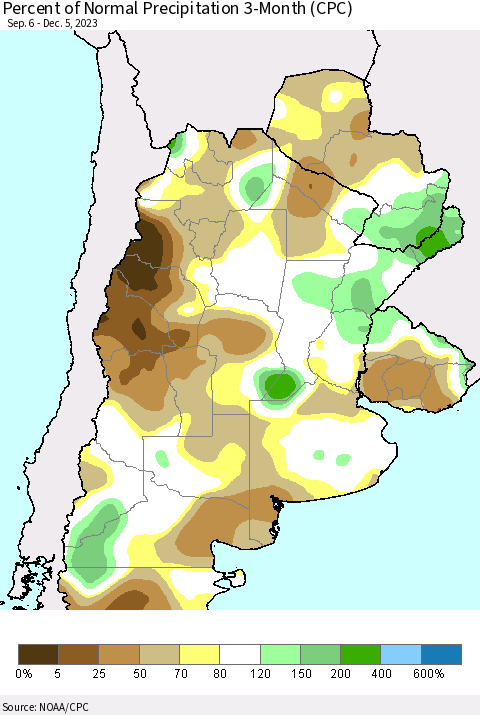 Southern South America Percent of Normal Precipitation 3-Month (CPC) Thematic Map For 9/6/2023 - 12/5/2023