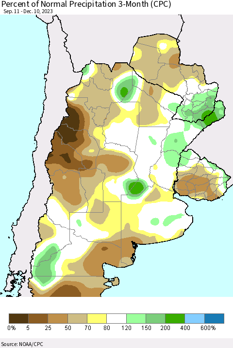 Southern South America Percent of Normal Precipitation 3-Month (CPC) Thematic Map For 9/11/2023 - 12/10/2023