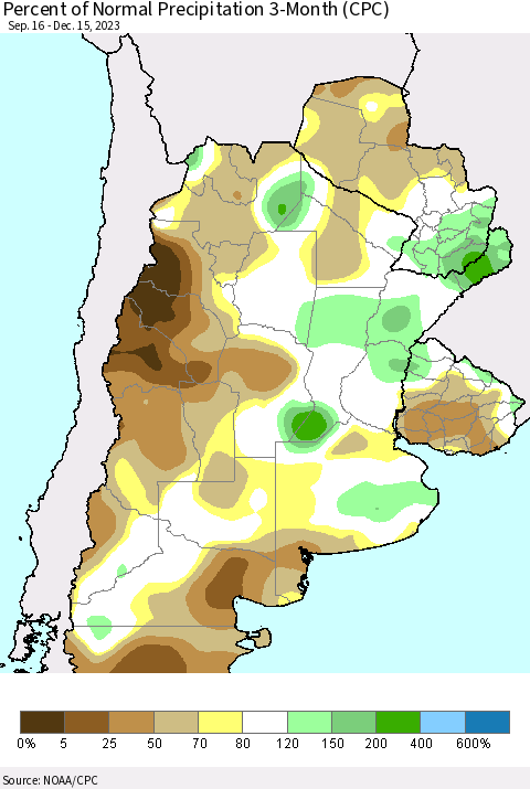 Southern South America Percent of Normal Precipitation 3-Month (CPC) Thematic Map For 9/16/2023 - 12/15/2023