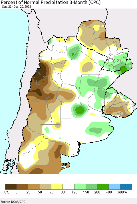 Southern South America Percent of Normal Precipitation 3-Month (CPC) Thematic Map For 9/21/2023 - 12/20/2023