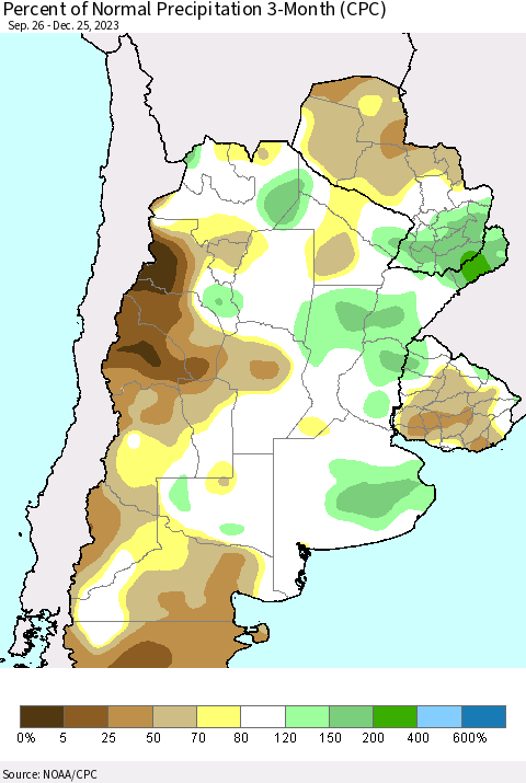 Southern South America Percent of Normal Precipitation 3-Month (CPC) Thematic Map For 9/26/2023 - 12/25/2023
