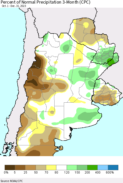 Southern South America Percent of Normal Precipitation 3-Month (CPC) Thematic Map For 10/1/2023 - 12/31/2023