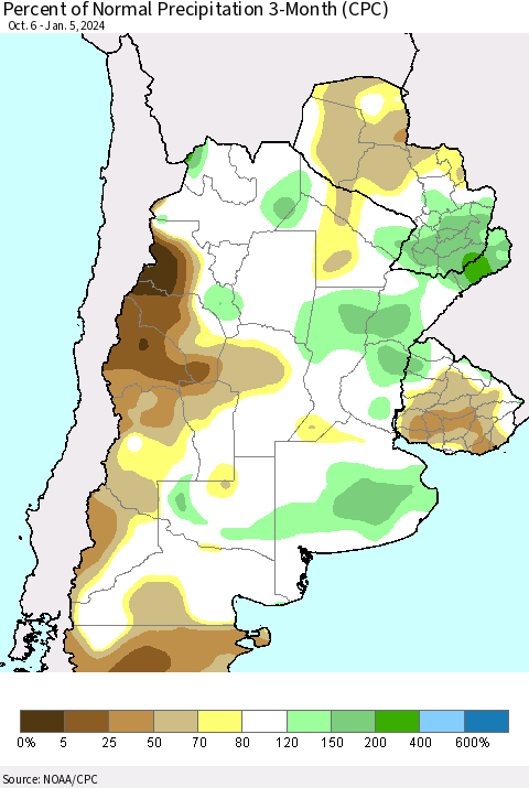 Southern South America Percent of Normal Precipitation 3-Month (CPC) Thematic Map For 10/6/2023 - 1/5/2024