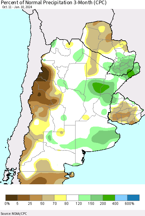 Southern South America Percent of Normal Precipitation 3-Month (CPC) Thematic Map For 10/11/2023 - 1/10/2024