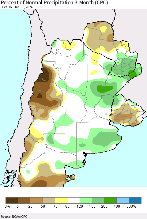 Southern South America Percent of Normal Precipitation 3-Month (CPC) Thematic Map For 10/16/2023 - 1/15/2024