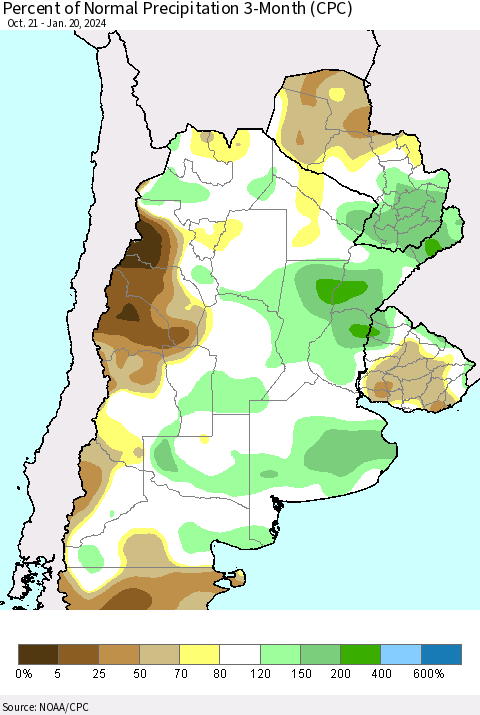 Southern South America Percent of Normal Precipitation 3-Month (CPC) Thematic Map For 10/21/2023 - 1/20/2024