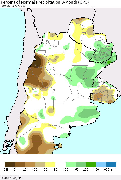 Southern South America Percent of Normal Precipitation 3-Month (CPC) Thematic Map For 10/26/2023 - 1/25/2024