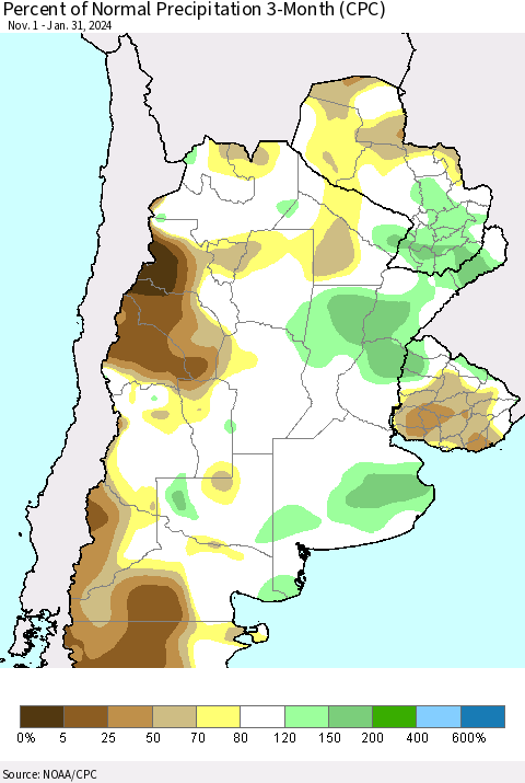 Southern South America Percent of Normal Precipitation 3-Month (CPC) Thematic Map For 11/1/2023 - 1/31/2024