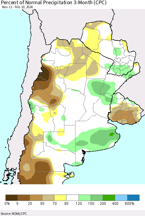 Southern South America Percent of Normal Precipitation 3-Month (CPC) Thematic Map For 11/11/2023 - 2/10/2024