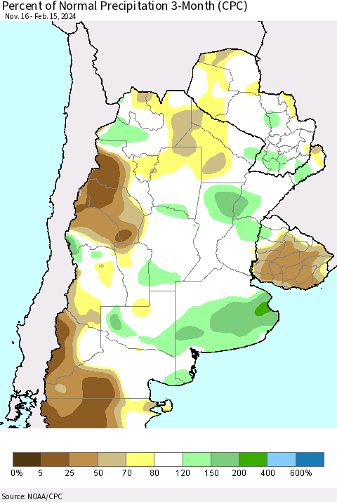 Southern South America Percent of Normal Precipitation 3-Month (CPC) Thematic Map For 11/16/2023 - 2/15/2024