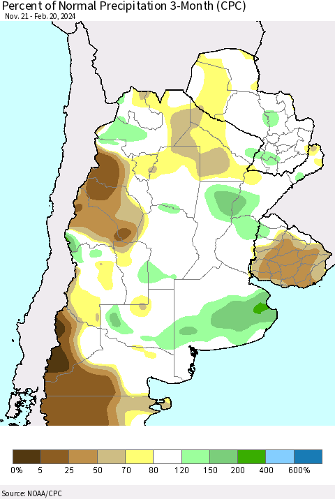 Southern South America Percent of Normal Precipitation 3-Month (CPC) Thematic Map For 11/21/2023 - 2/20/2024