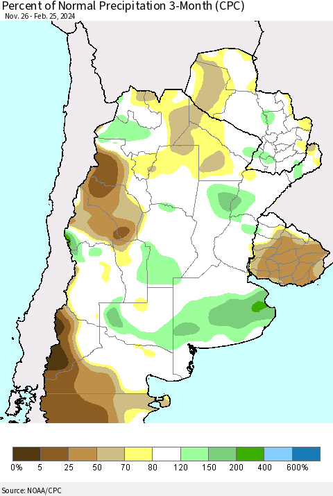 Southern South America Percent of Normal Precipitation 3-Month (CPC) Thematic Map For 11/26/2023 - 2/25/2024