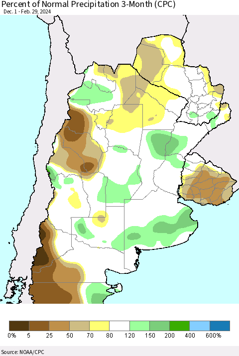 Southern South America Percent of Normal Precipitation 3-Month (CPC) Thematic Map For 12/1/2023 - 2/29/2024