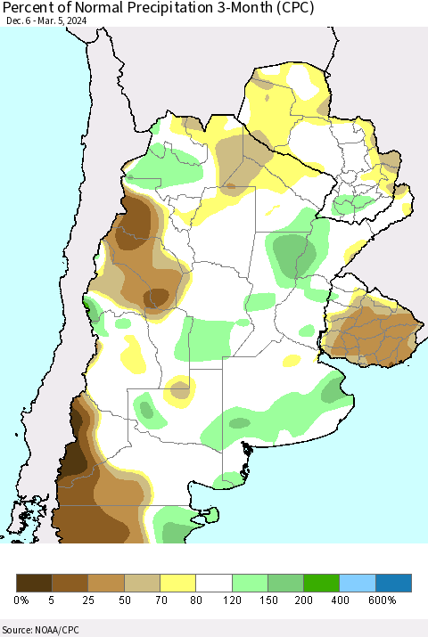 Southern South America Percent of Normal Precipitation 3-Month (CPC) Thematic Map For 12/6/2023 - 3/5/2024