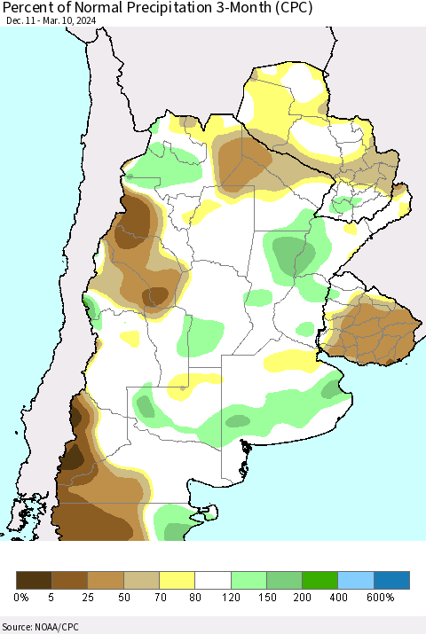 Southern South America Percent of Normal Precipitation 3-Month (CPC) Thematic Map For 12/11/2023 - 3/10/2024