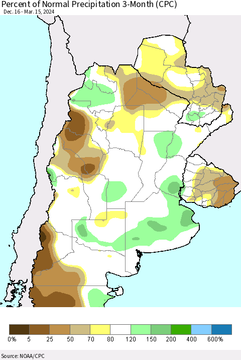 Southern South America Percent of Normal Precipitation 3-Month (CPC) Thematic Map For 12/16/2023 - 3/15/2024