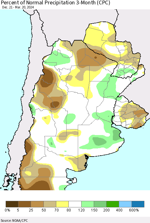 Southern South America Percent of Normal Precipitation 3-Month (CPC) Thematic Map For 12/21/2023 - 3/20/2024