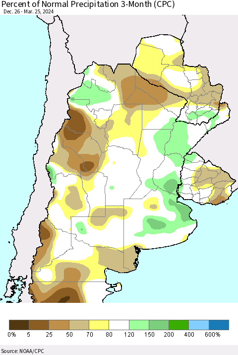 Southern South America Percent of Normal Precipitation 3-Month (CPC) Thematic Map For 12/26/2023 - 3/25/2024