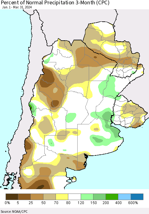 Southern South America Percent of Normal Precipitation 3-Month (CPC) Thematic Map For 1/1/2024 - 3/31/2024
