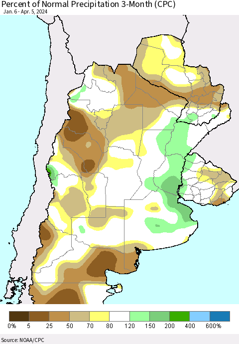 Southern South America Percent of Normal Precipitation 3-Month (CPC) Thematic Map For 1/6/2024 - 4/5/2024