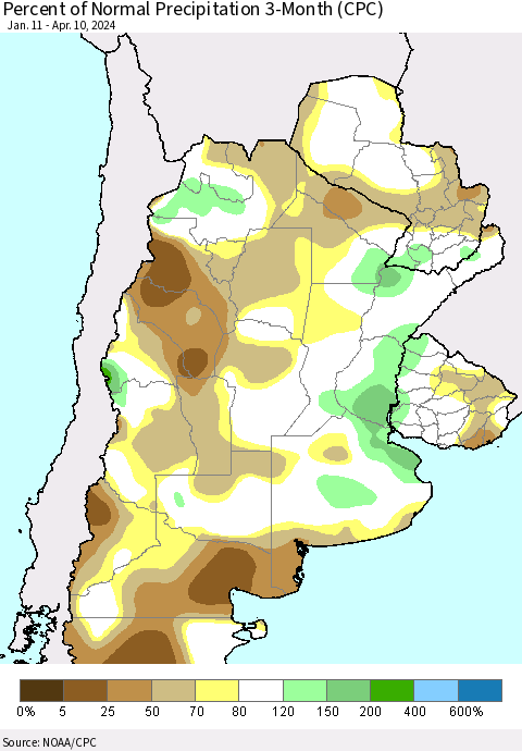 Southern South America Percent of Normal Precipitation 3-Month (CPC) Thematic Map For 1/11/2024 - 4/10/2024