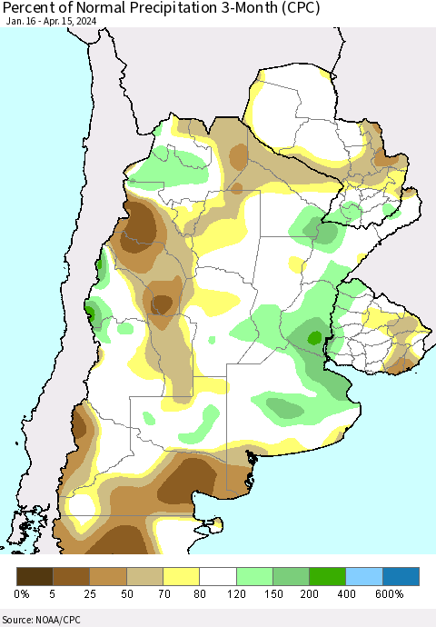 Southern South America Percent of Normal Precipitation 3-Month (CPC) Thematic Map For 1/16/2024 - 4/15/2024