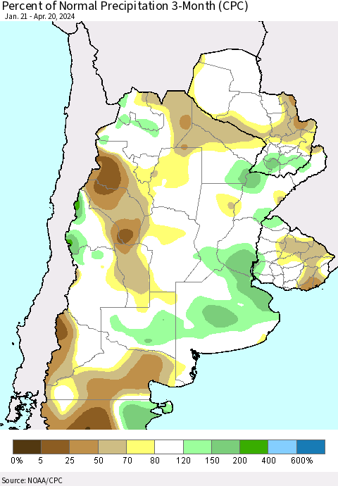 Southern South America Percent of Normal Precipitation 3-Month (CPC) Thematic Map For 1/21/2024 - 4/20/2024