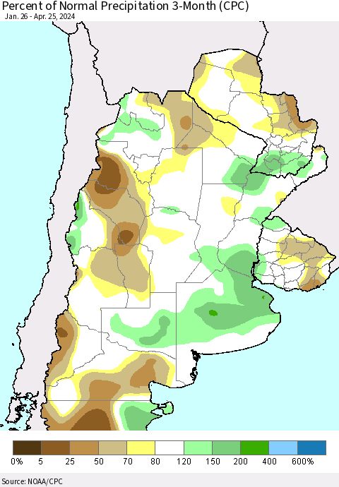 Southern South America Percent of Normal Precipitation 3-Month (CPC) Thematic Map For 1/26/2024 - 4/25/2024