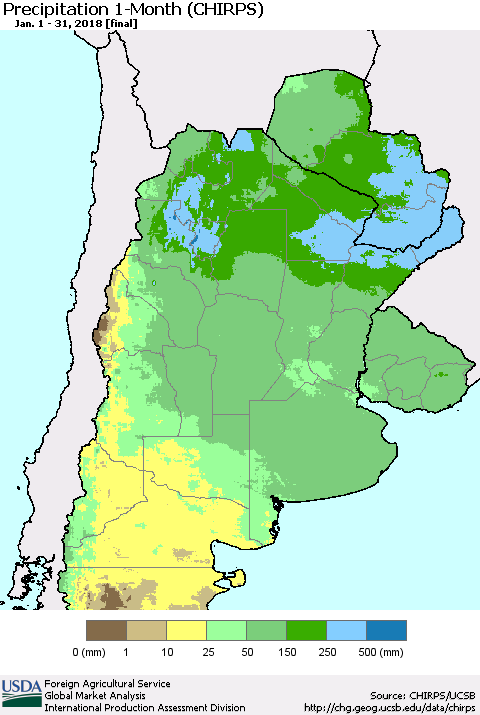 Southern South America Precipitation 1-Month (CHIRPS) Thematic Map For 1/1/2018 - 1/31/2018