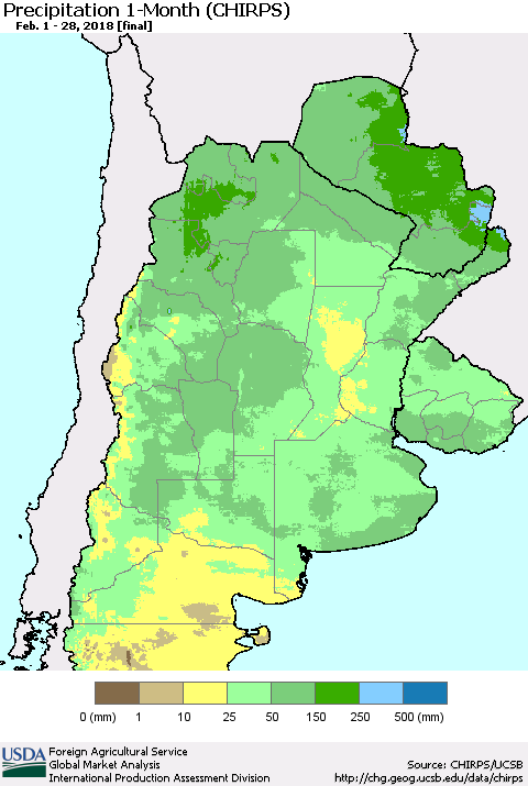 Southern South America Precipitation 1-Month (CHIRPS) Thematic Map For 2/1/2018 - 2/28/2018