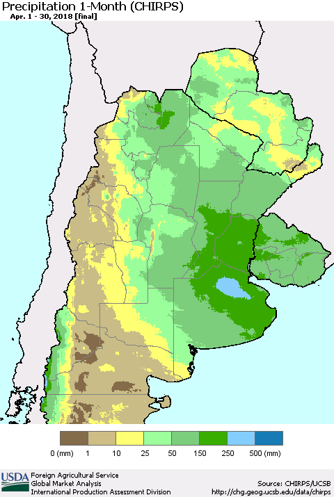 Southern South America Precipitation 1-Month (CHIRPS) Thematic Map For 4/1/2018 - 4/30/2018