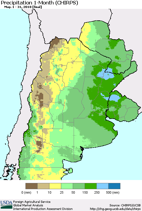 Southern South America Precipitation 1-Month (CHIRPS) Thematic Map For 5/1/2018 - 5/31/2018