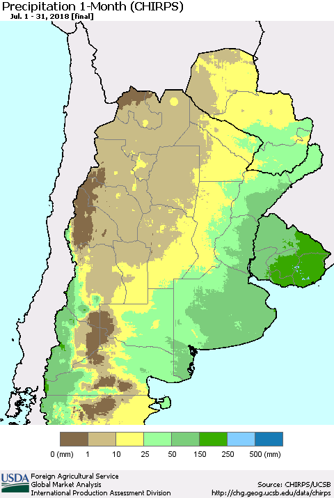 Southern South America Precipitation 1-Month (CHIRPS) Thematic Map For 7/1/2018 - 7/31/2018