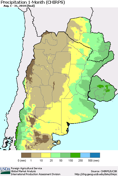 Southern South America Precipitation 1-Month (CHIRPS) Thematic Map For 8/1/2018 - 8/31/2018