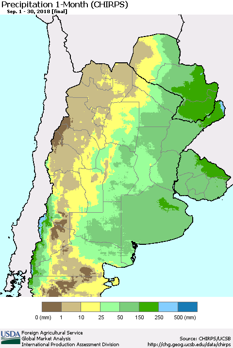 Southern South America Precipitation 1-Month (CHIRPS) Thematic Map For 9/1/2018 - 9/30/2018