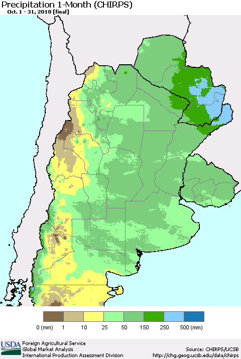 Southern South America Precipitation 1-Month (CHIRPS) Thematic Map For 10/1/2018 - 10/31/2018