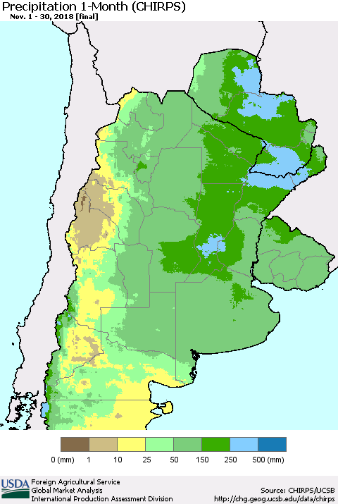 Southern South America Precipitation 1-Month (CHIRPS) Thematic Map For 11/1/2018 - 11/30/2018