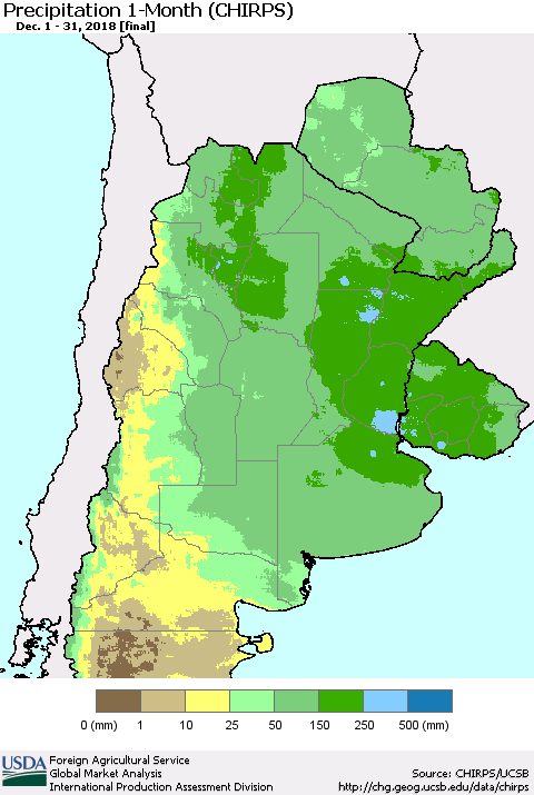 Southern South America Precipitation 1-Month (CHIRPS) Thematic Map For 12/1/2018 - 12/31/2018