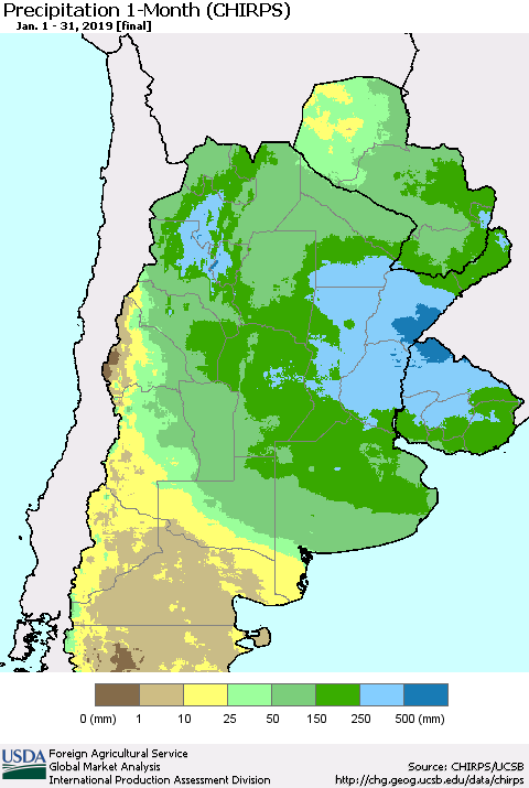Southern South America Precipitation 1-Month (CHIRPS) Thematic Map For 1/1/2019 - 1/31/2019