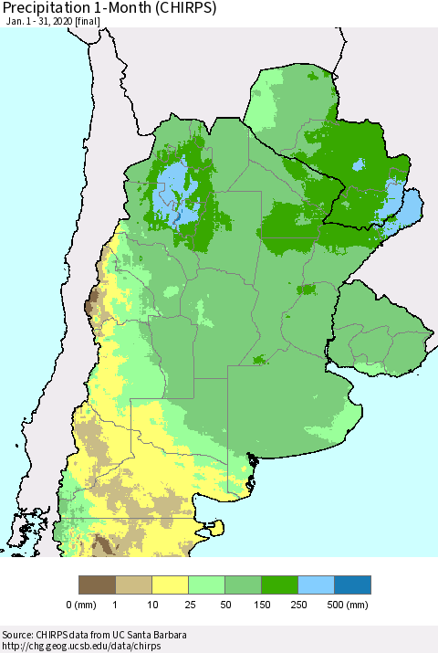 Southern South America Precipitation 1-Month (CHIRPS) Thematic Map For 1/1/2020 - 1/31/2020