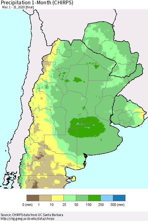 Southern South America Precipitation 1-Month (CHIRPS) Thematic Map For 3/1/2020 - 3/31/2020