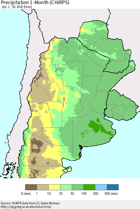 Southern South America Precipitation 1-Month (CHIRPS) Thematic Map For 4/1/2020 - 4/30/2020